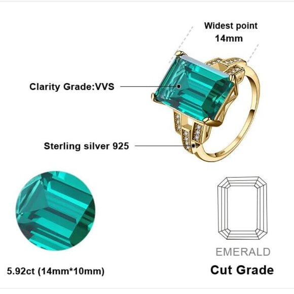 Emerald Cut 6ct Simulated Emerald Solitaire Cocktail Rings for Women, Green Gems - Picture 2 of 5